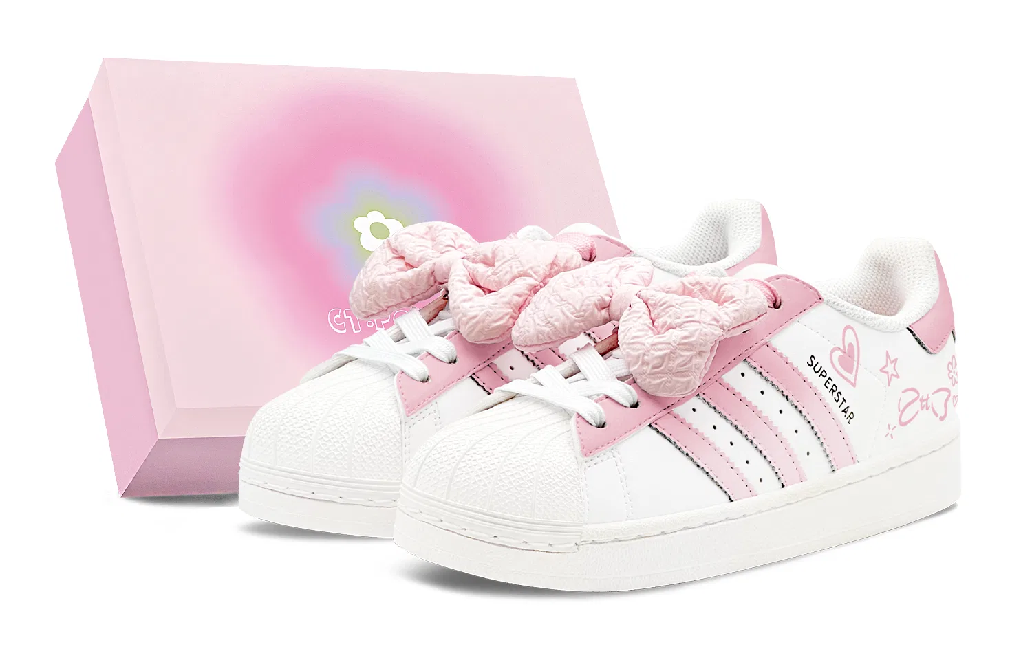 Детские кроссовки с ручной росписью Adidas Originals Superstar 2, Pink White