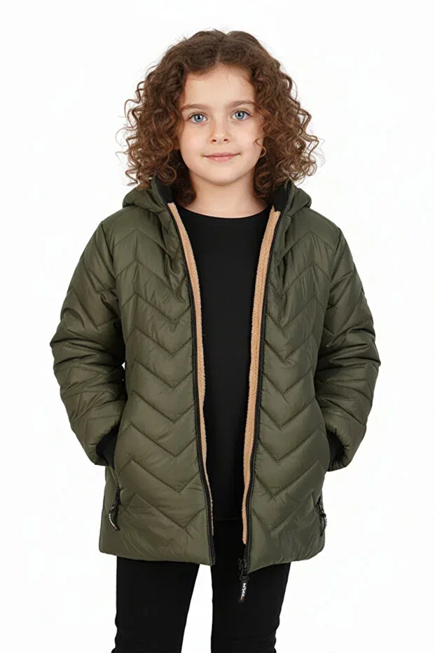 Детское пальто для девочек с капюшоном Zigzag Patterned Merdia, Khaki — фото 2