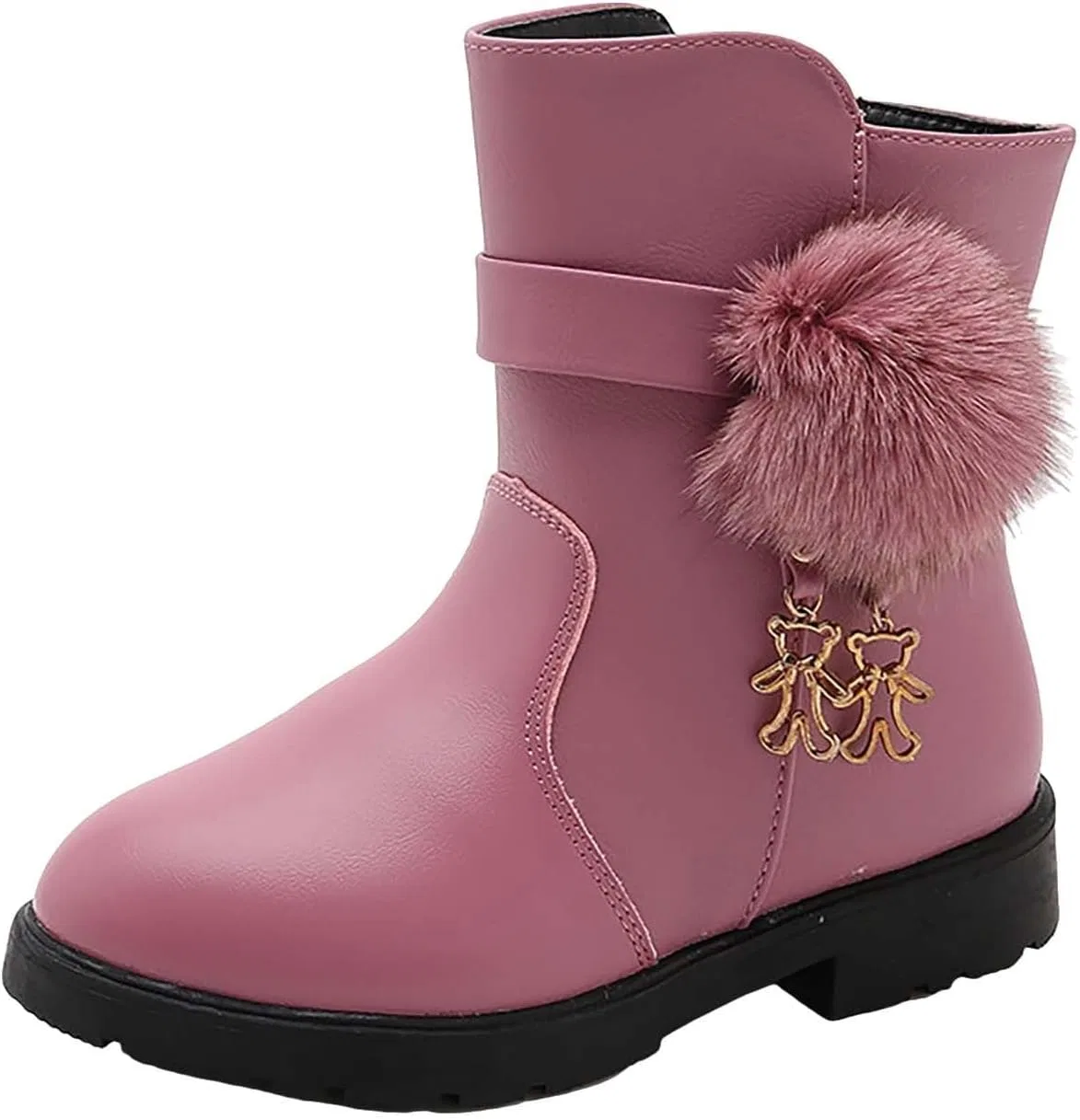 Детские сапоги для девочек с боковой молнией, из PU-кожи, зимние, Pink