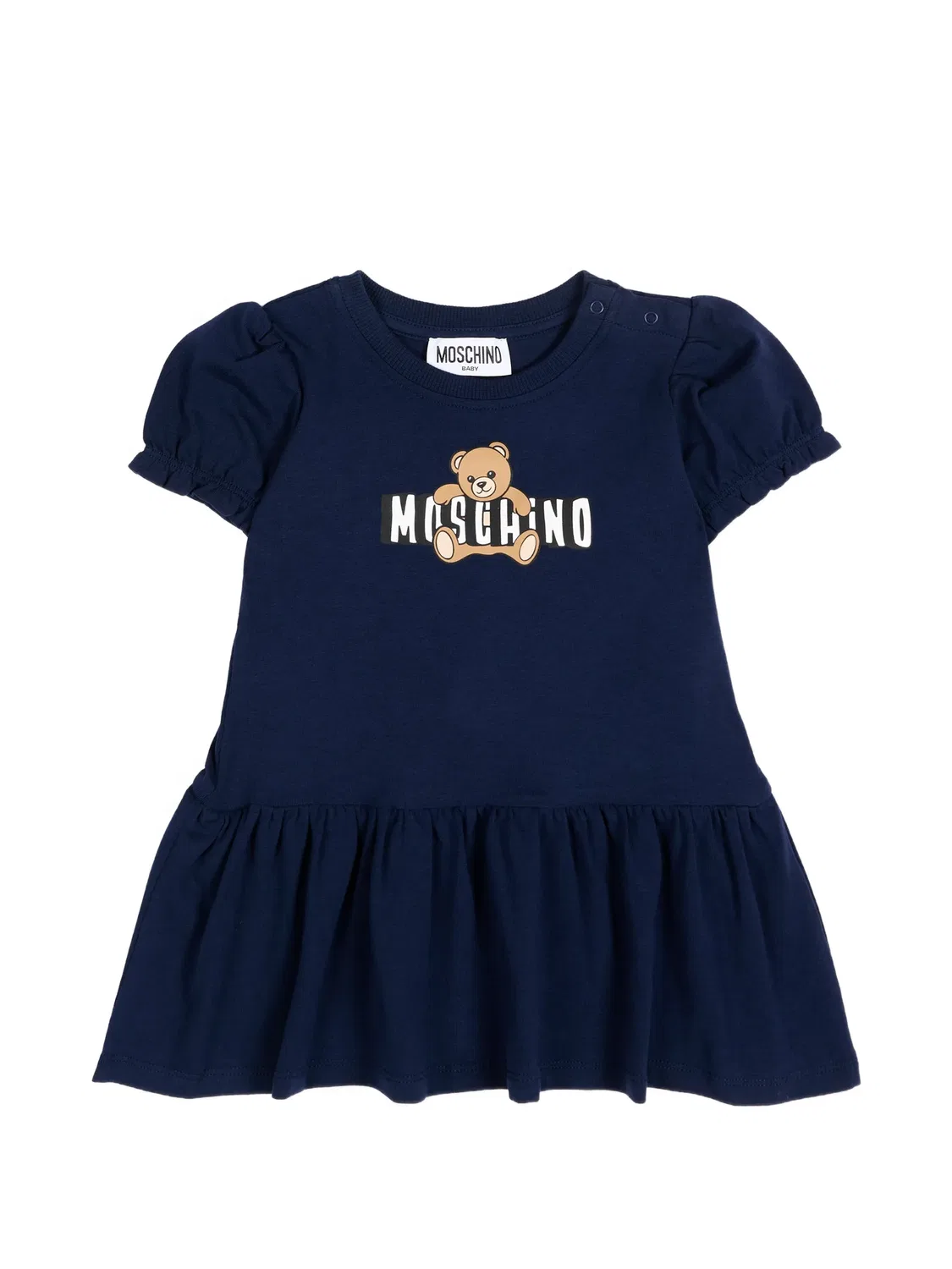 Платье с графикой Тедди и пышными рукавами Moschino, голубой