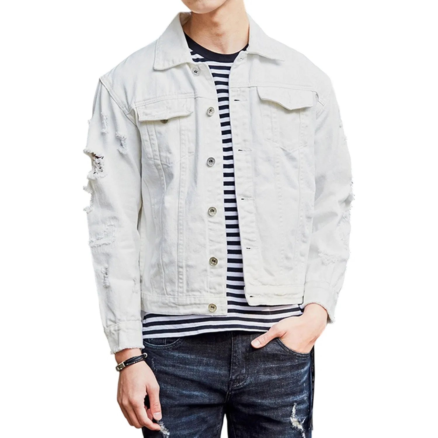 Мужская джинсовая куртка с рваным эффектом, модель Ripped Distressed Jeans Trucker Coat, Bianco