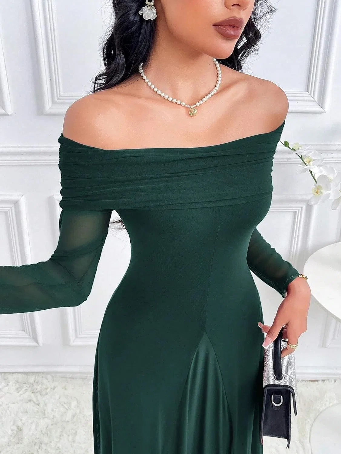 Женское A-силуэта макси-платье офф-шолдер с длинным рукавом, Dark Green — фото 3