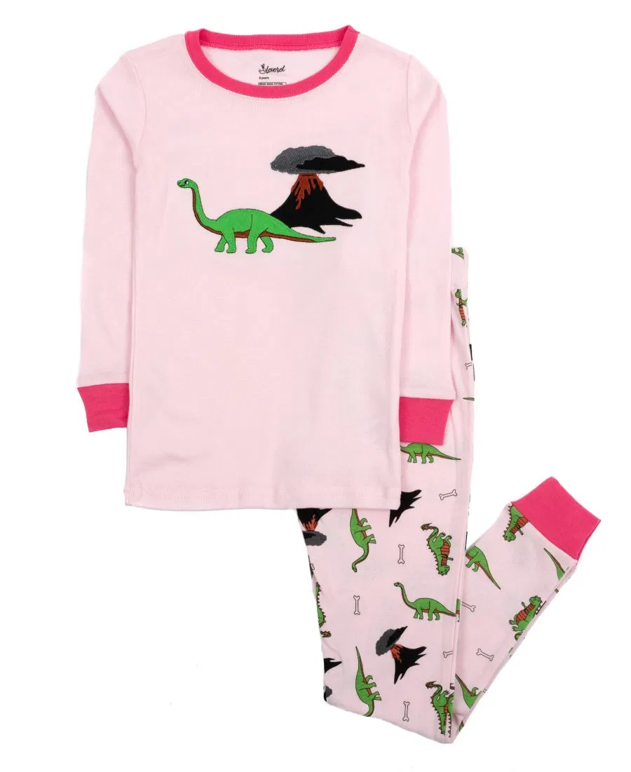 Детское пижамное комплект для девочек с длинным рукавом с принтом Dinosaur Light Pink Leveret, Цвет Dinosaur Light Pink