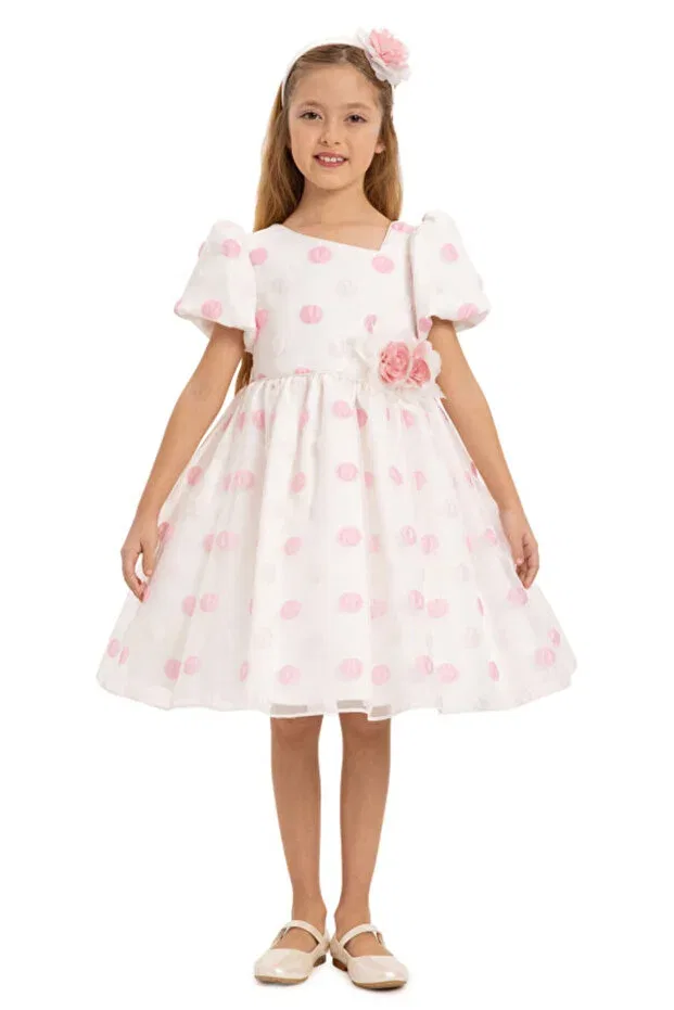 Детское платье для девочек с принтом Polka dot watermelon sleeve flower detailed evening dress Pamina, Powder — фото 4