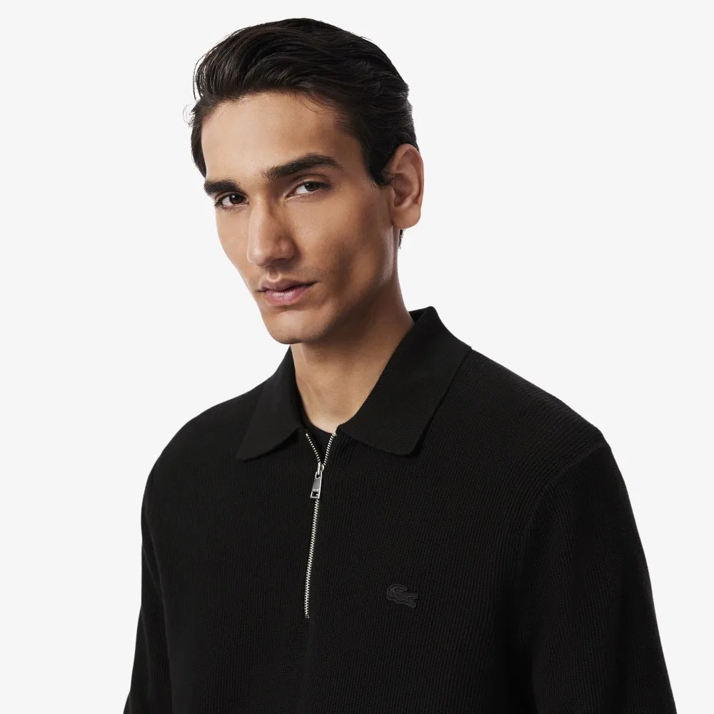 Мужской свитер-поло на молнии из шерсти и хлопка, чёрный, от Lacoste — фото 2