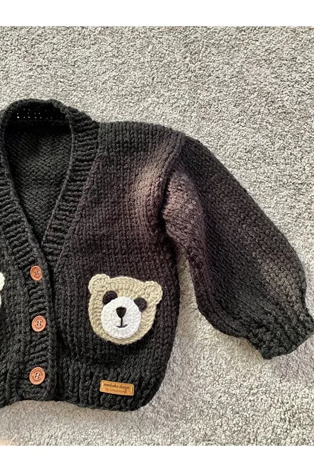 Детский кардиган для мальчиков с принтом Hand Knitted Cute Teddy Bear Detailed Nevalin, Black — фото 4