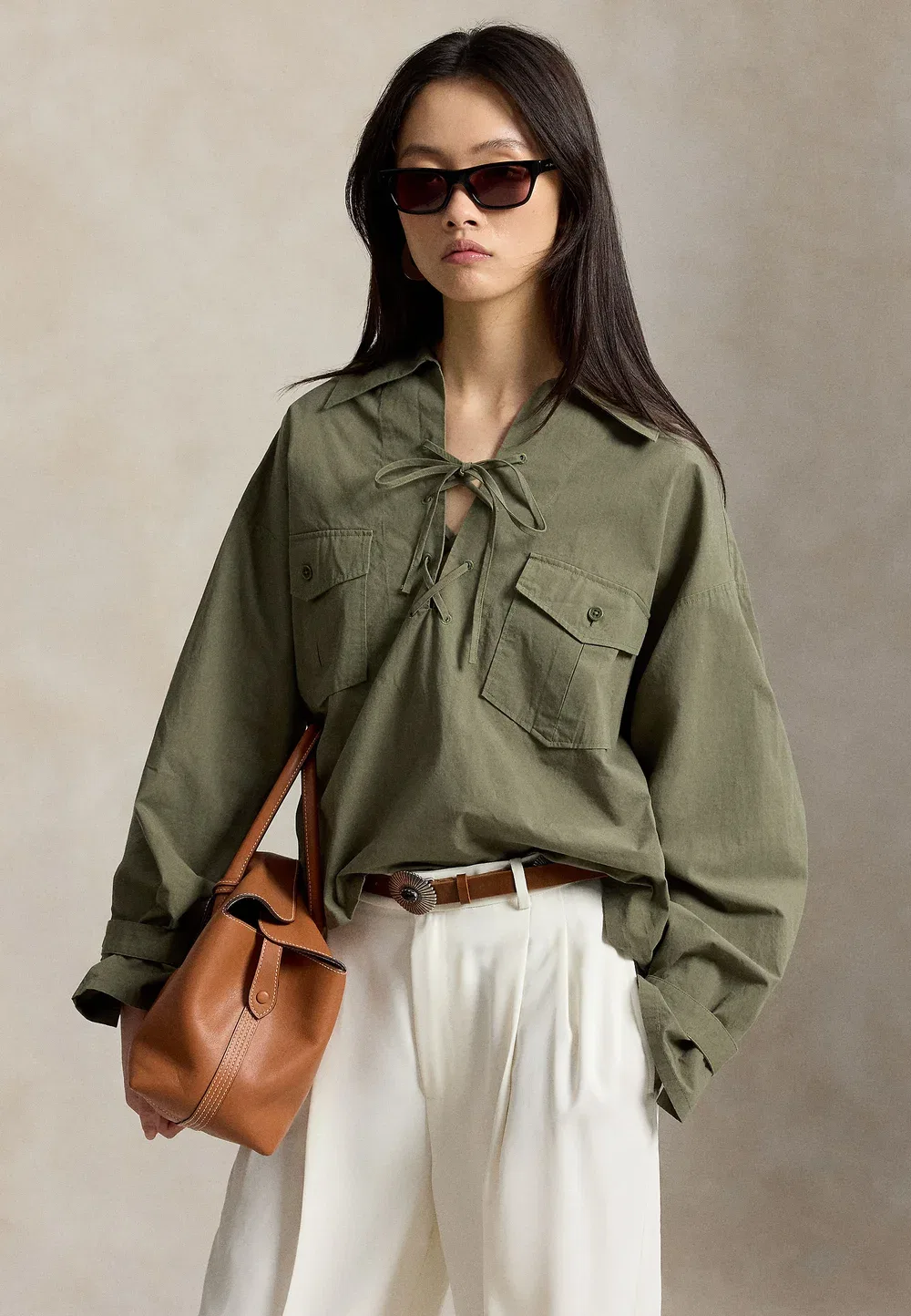 Хлопковая рубашка-блузка на шнуровке Polo Ralph Lauren, Olive