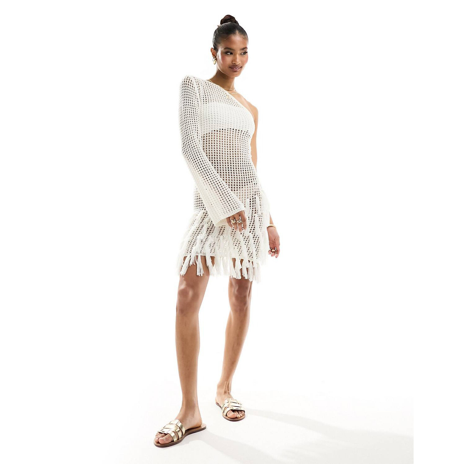 

Платье In The Style Crochet One Sleeve Fringe Detail Mini, кремовый