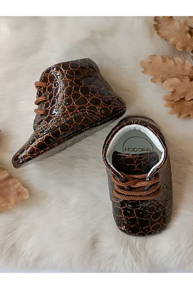 Детские ботиночки для девочек из натуральной кожи Printed brown genuine leather baby booties Hodore, Printed Coffee — фото 2
