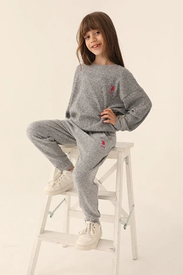 Детский спортивный комплект для девочек с принтом Base. Polo Assn. Athletic NYC Gray Tracksuit Set U.S. Polo Assn., Anthra Melange — фото 3