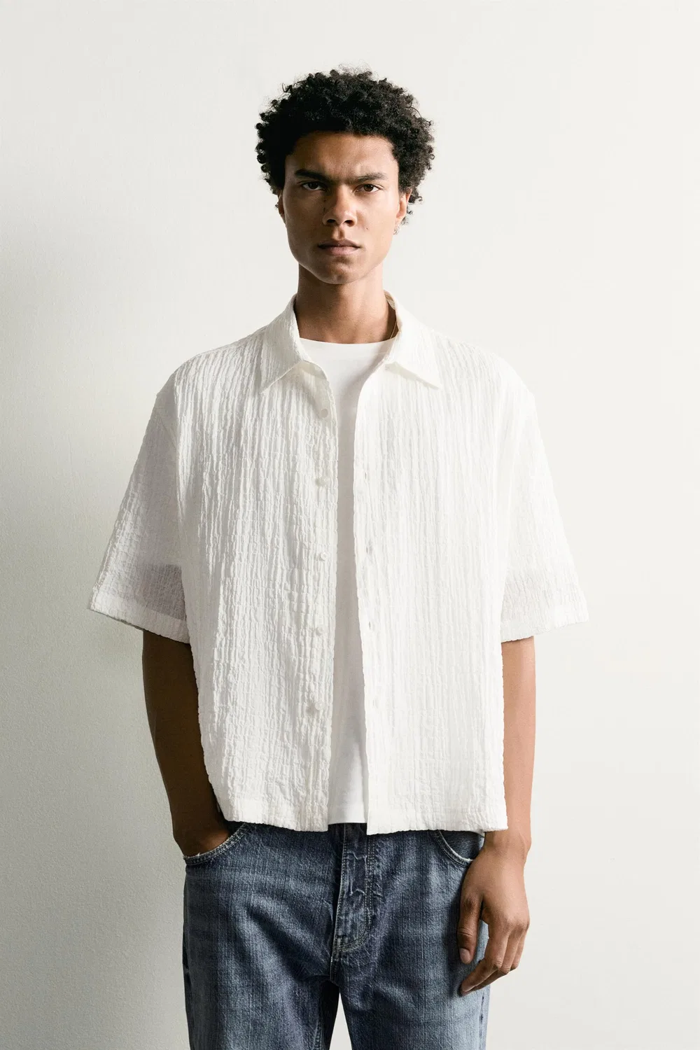 Текстурированная рубашка свободного кроя ZARA, Oyster-white — фото 2
