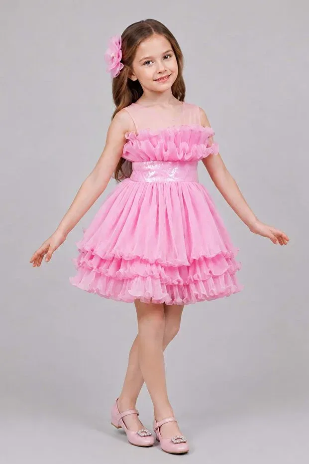 Детское вечернее платье для девочек с пайетками Girl'S transparent straps round neckline sequin belted skirt layered tulle fluffy pink evening dress Riccotarz, Pink — фото 3