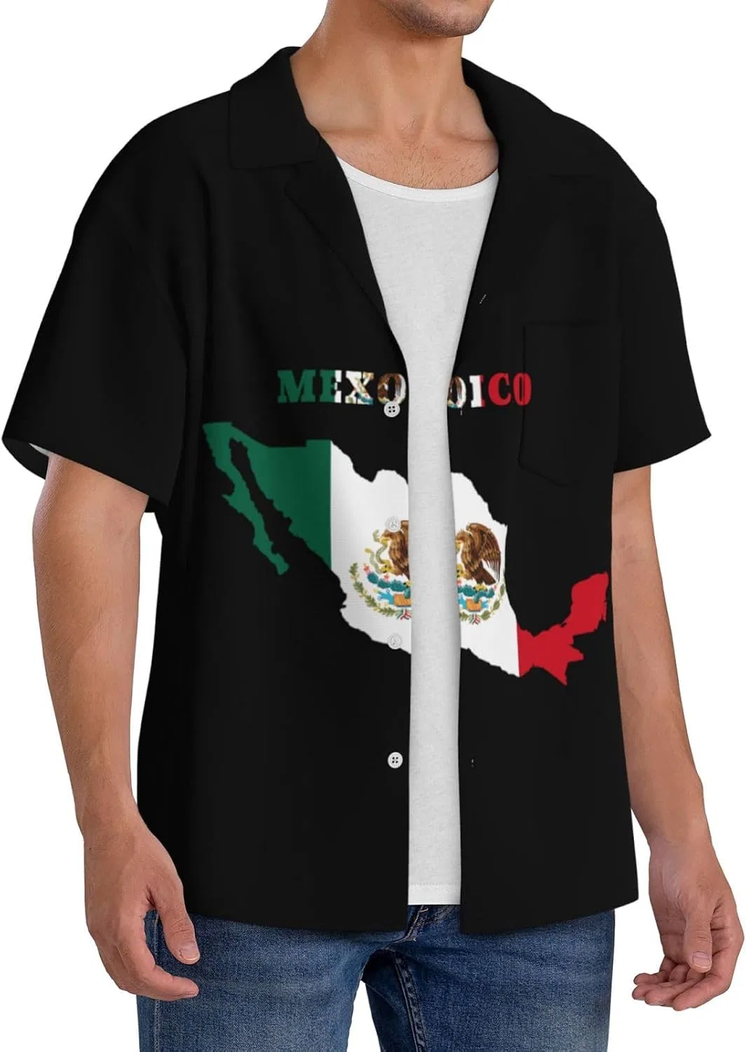 Мужская свободная рубашка с коротким рукавом и воротником-кабул Michoacan Mexico Map Flag, Black — фото 2