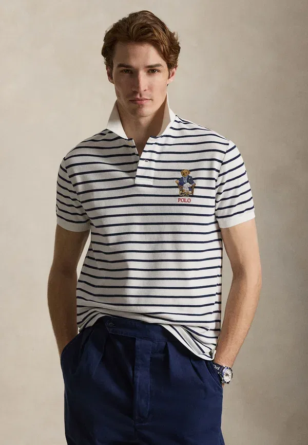 Футболка поло хлопковая Custom slim fit polo bear polo shirt, Polo Ralph Lauren, White, Newport Navy, белый/темно-синий