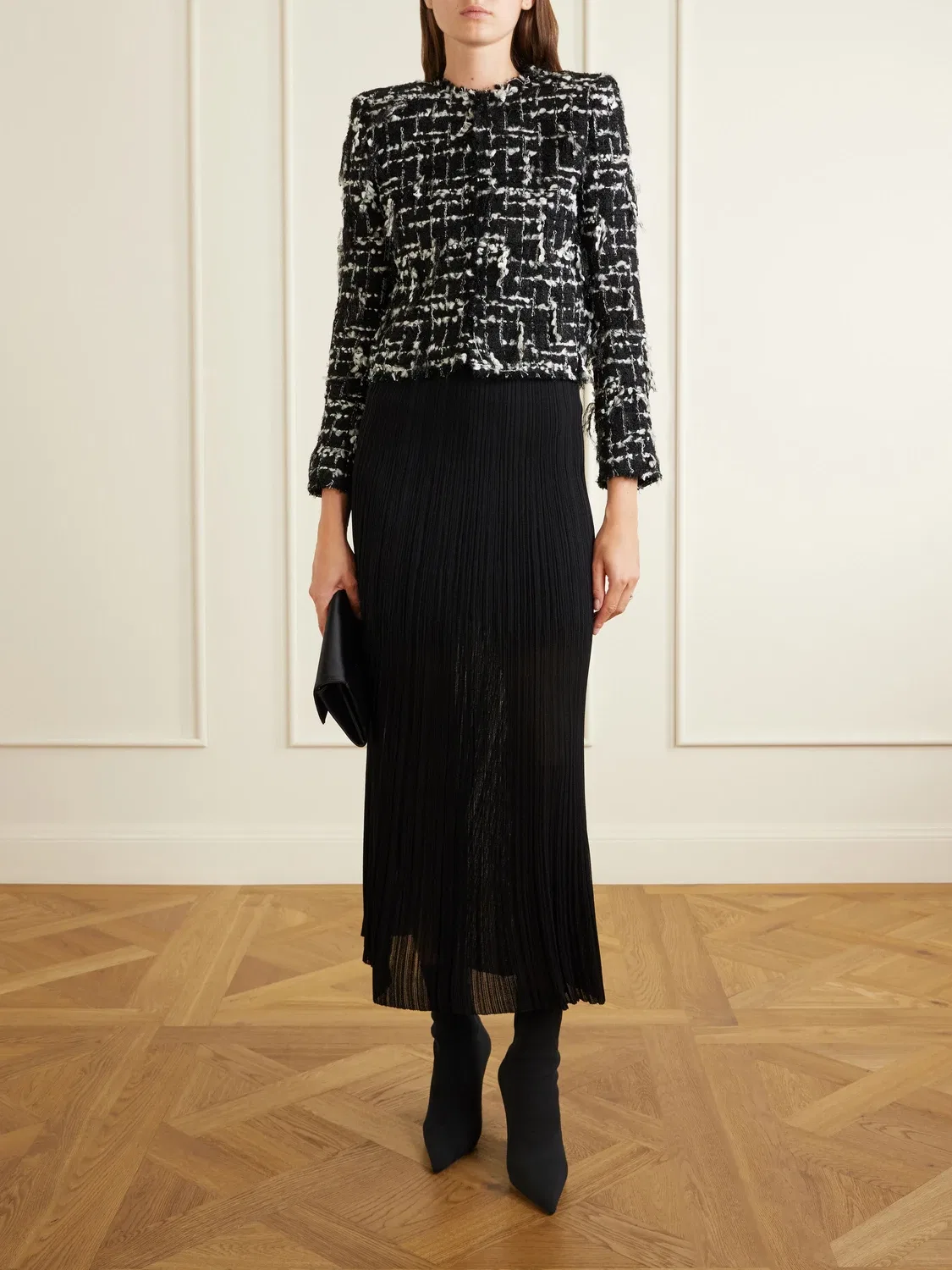 Укороченный твидовый жакет с отделкой из металлизированной нити BALMAIN, черный — фото 2