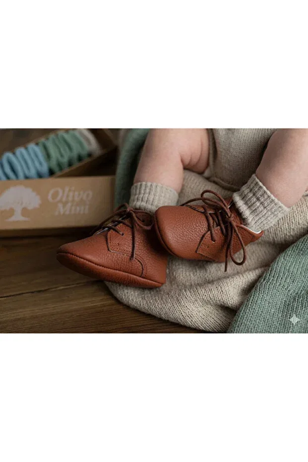 Детские пинетки для новорожденных кожаные на шнуровке Olivo Mini, Brown — фото 2