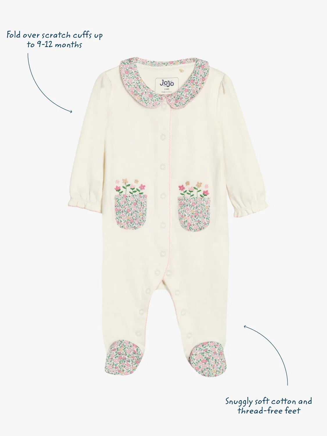 Комбинезон с цветочной вышивкой JoJo Maman Bébé, кремовый — фото 4
