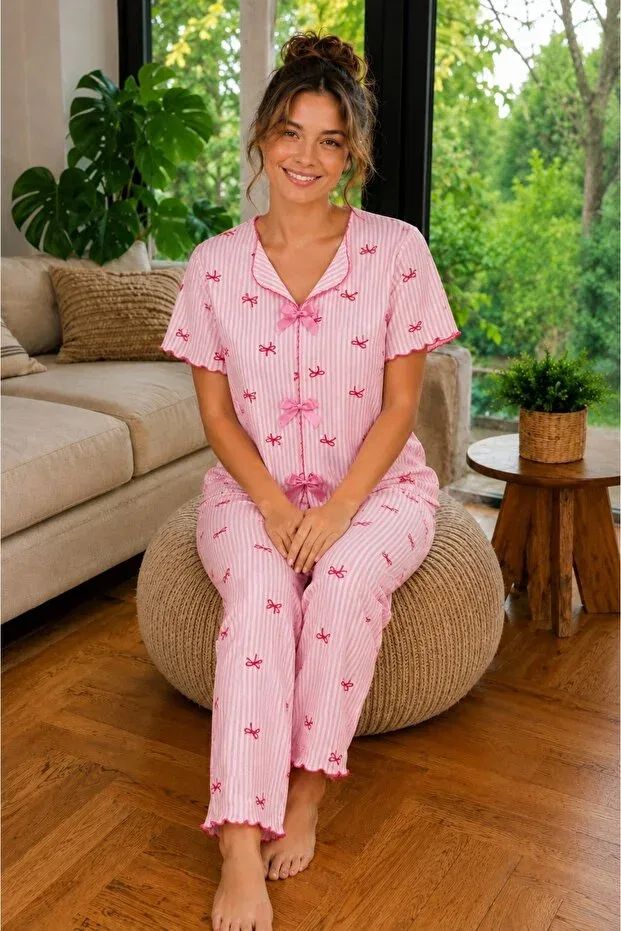 Детская пижама с коротким рукавом с принтом Bürümcük fabric bowknot baby overlock pink striped bowknot patterned pajama set Rindahomewear, Striped Pink Bow