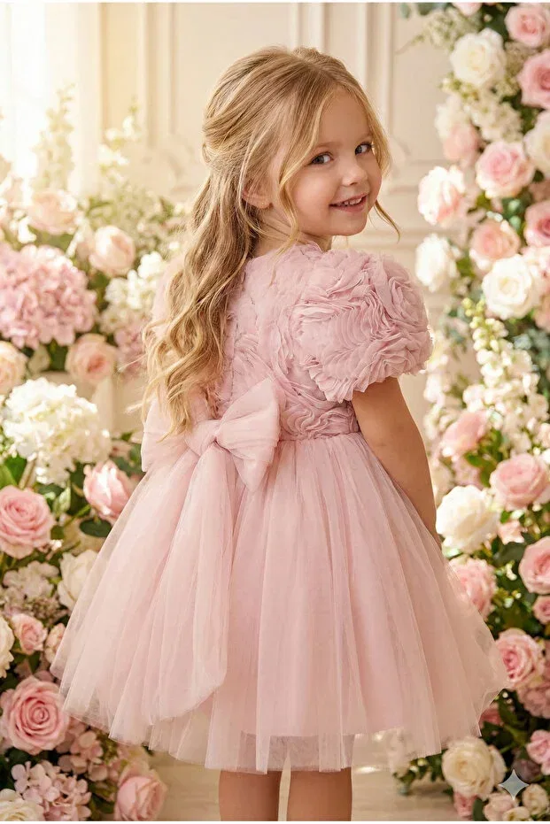 Детское платье для девочек с коротким рукавом 3D розой аппликация tulle tutu bow Alyra, Pink — фото 2