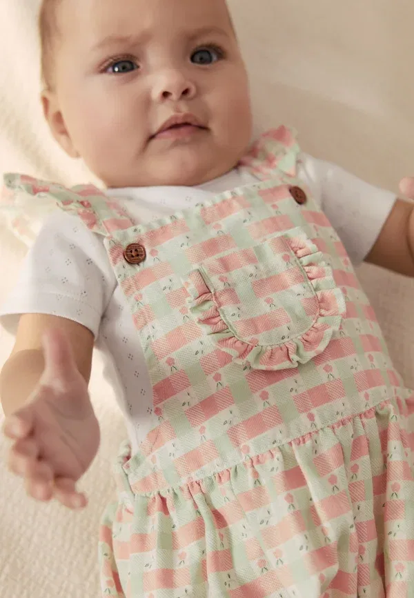 Комплект из ползунков и боди с цветочным принтом Regular fit - baby dungarees and bodysuits set 2 piece - body Next, Pink Check, розовый — фото 2