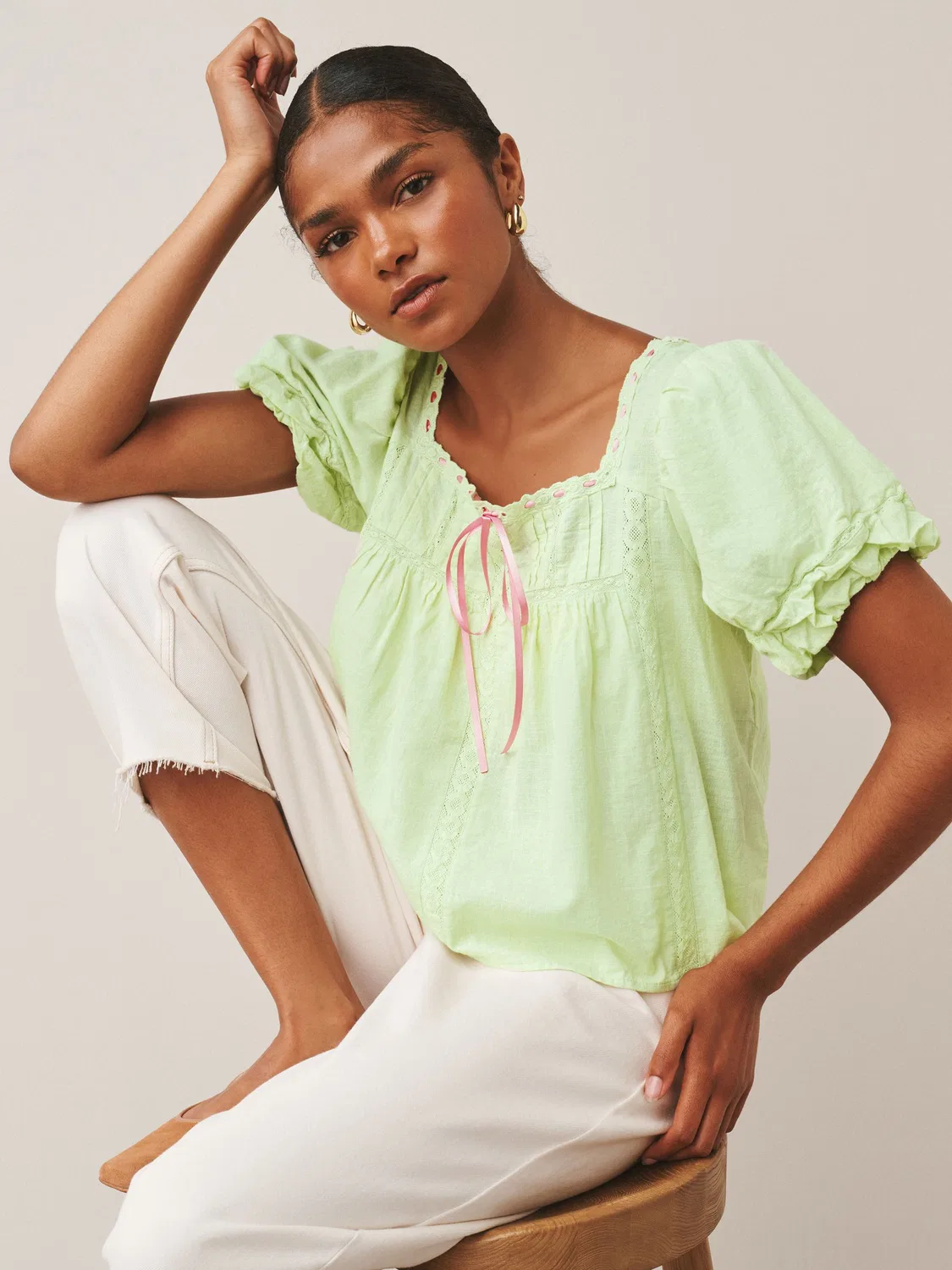 Топ с пышными рукавами Puff Sleeve Short Sleeve Top Next, зеленый/розовый