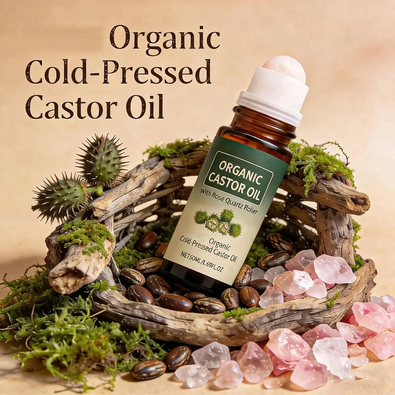 Масло для лица и тела Organic Castor Oil with Rose Quartz Roller, Jioesskp, 50 мл, 3PC — фото 3
