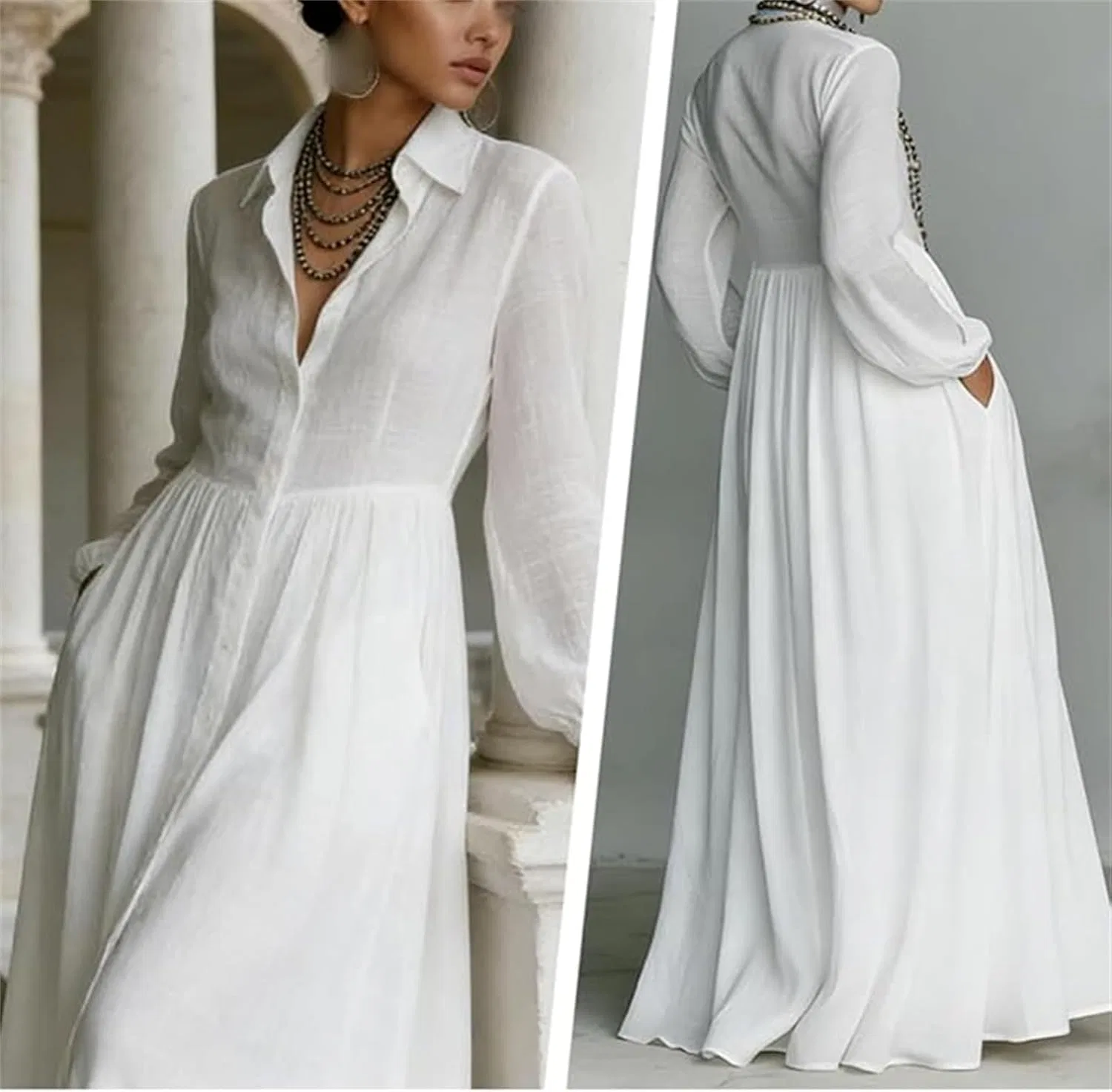 Женское хлопково-льняное платье макси с воротником-стойкой, White — фото 4