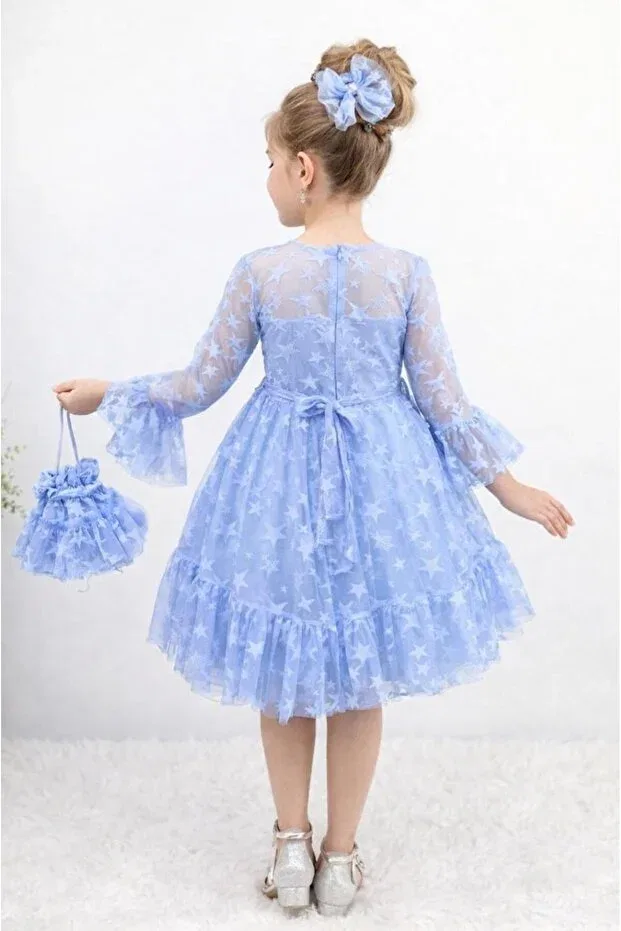 Детское платье для девочек с принтом Star Patterned Tulle Puffy Dress with Buckle Bag Lunas Tekstil, Blue — фото 3