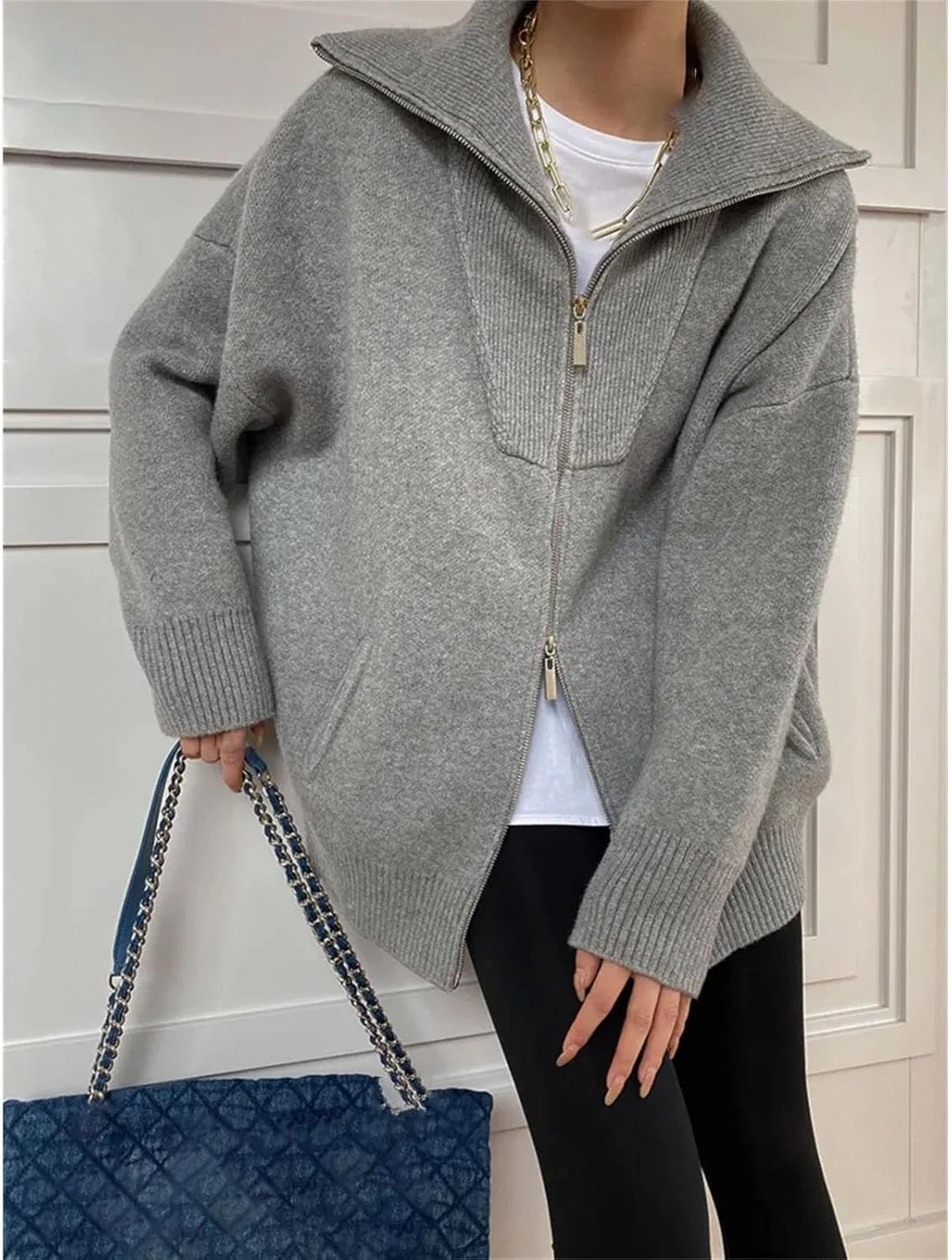 Женский кардиган на молнии с воротником-стойкой, Wool Knitted Double Zipper Sweater — фото 2