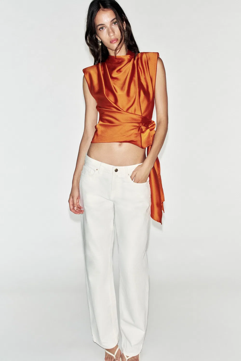 Атласная блузка с подплечниками и узлом ZARA, Burnt orange