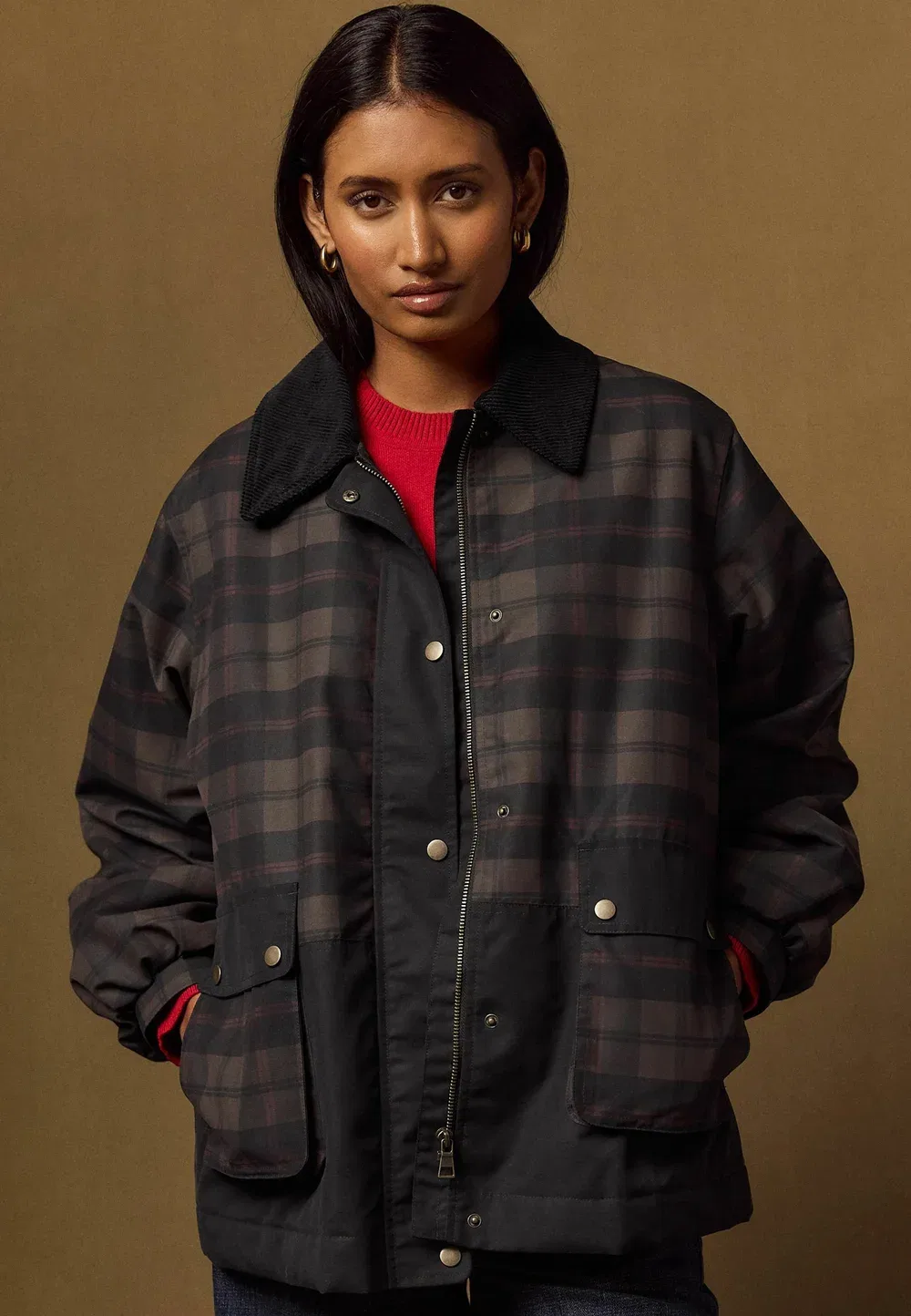 Классический тренч с вельветовым воротником - легкая куртка Next, Brown Navy Check