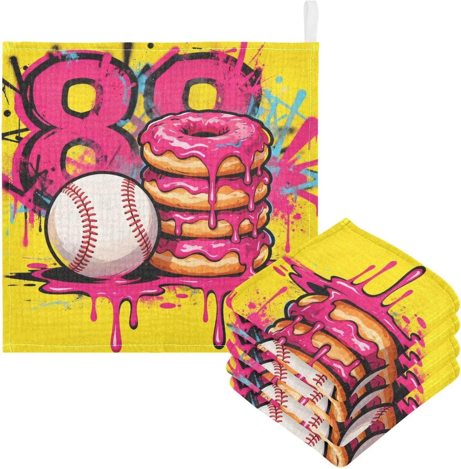 Мочалка для детей, 3 шт., GuoChe, муслин хлопковый, 30x30 см, Baseball 80 Donut Stack Graffiti — фото 3
