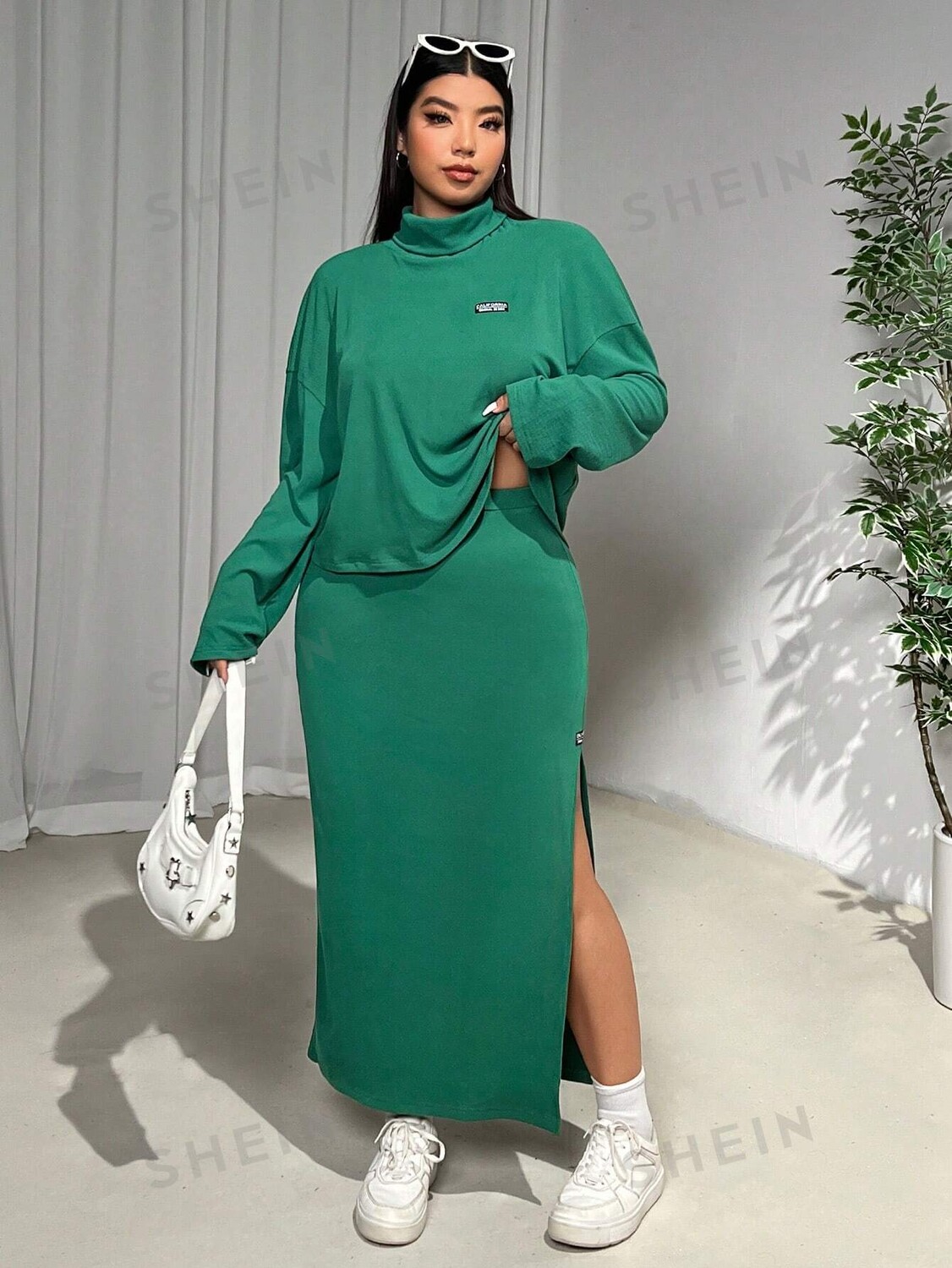 

EZwear 2 шт/компл Свитер с высоким воротником большого размера + длинная складная юбка на осень/зиму Shein, зеленый
