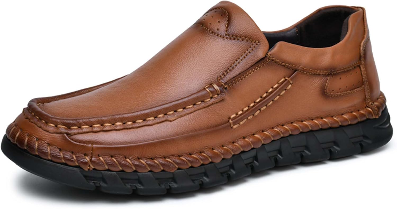 

Мужские премиальные прогулочные туфли из первой прослойки телячьей кожи, плоские повседневные туфли, повседневные лоферы для мужчин, кожаные кроссовки, обувь для вождения, ручная прошивка, два варианта застежки Generic, коричневый