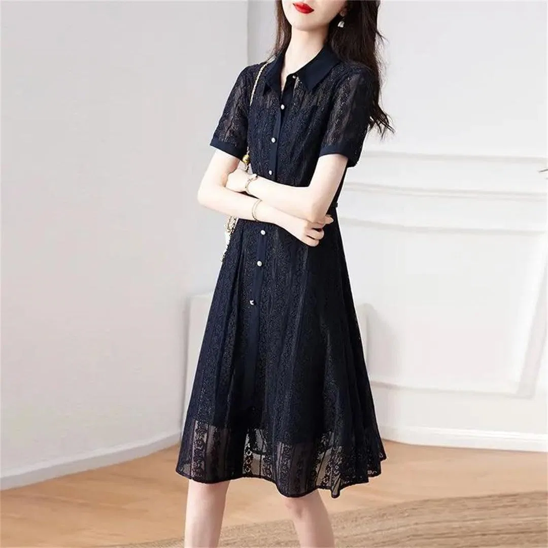 Женское летнее платье миди с кружевным вырезом A-line, Navy Blue — фото 2