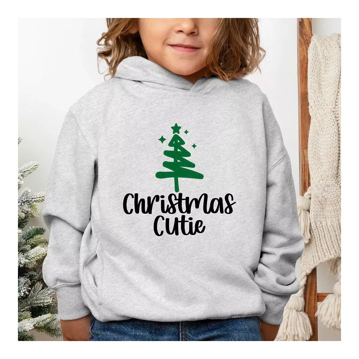 Детское худи с принтом Christmas Cutie Tree Glitter The Juniper Shop, Heather Grey — фото 2