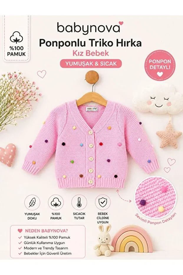Детский кардиган для девочек с принтом Babynova colorful pompoms figured button detailed, Pink Babynow