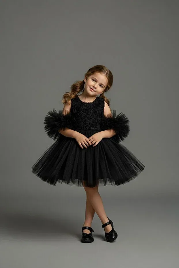 Детское платье для девочек с принтом Black Pompom Sleeves Rose Patterned Tulle Party And Birthday Dress Delfini Kids, Black