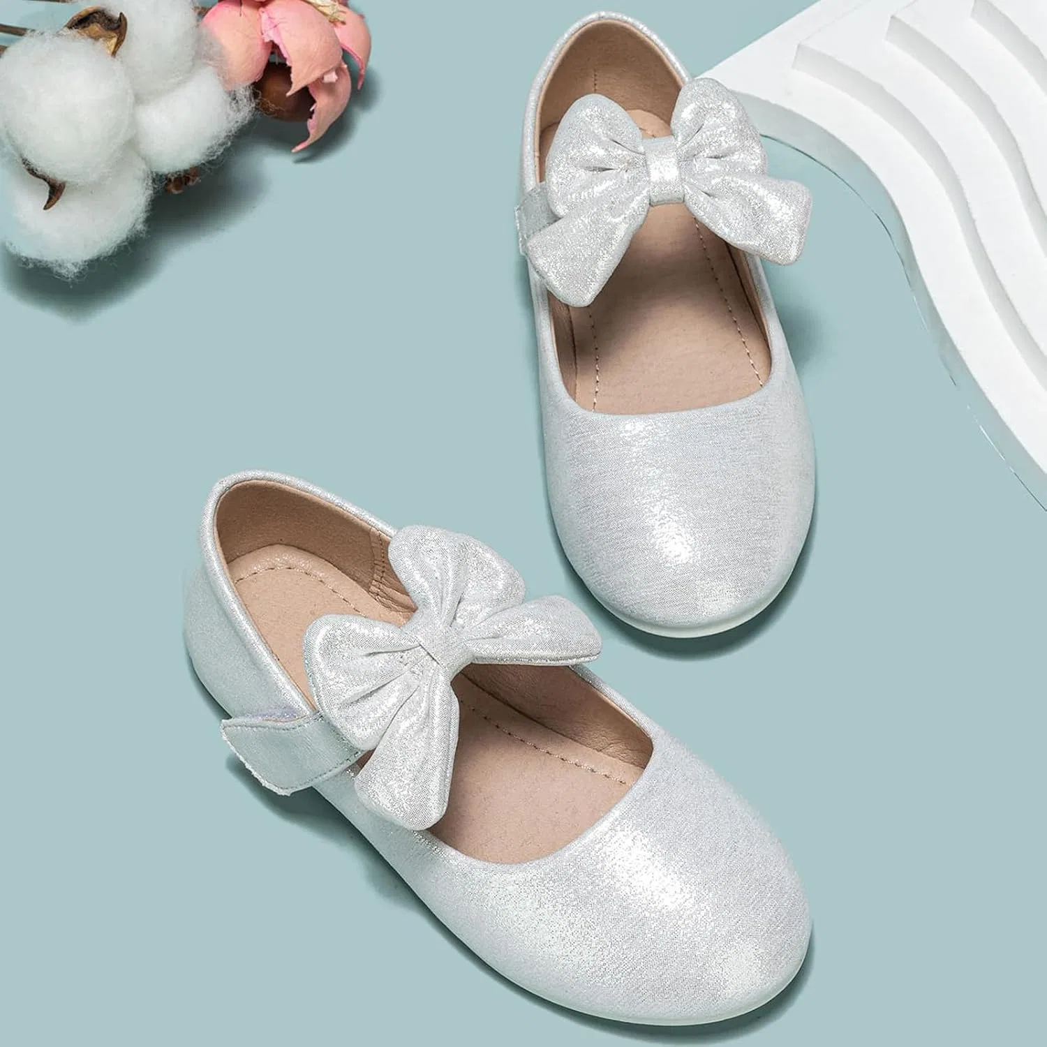 Детские балетки для девочек с бантом Mary Jane Shoes Ballet Bow, Silver — фото 3