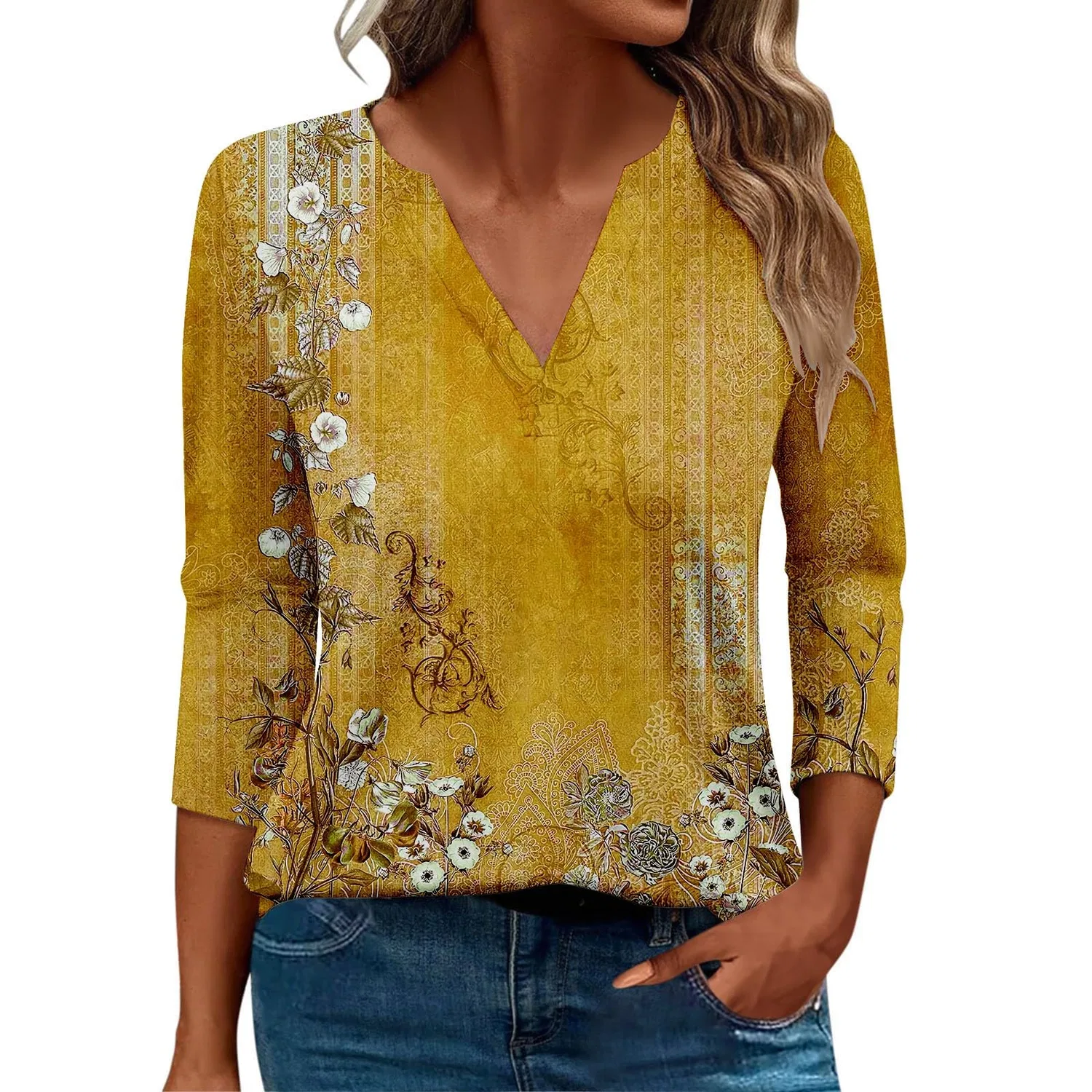 Женская блуза с принтом Women Blouses 3/4 Sleeve V Neck Casual Elegant Summer Boho Floral Print Blouses, 32#oro