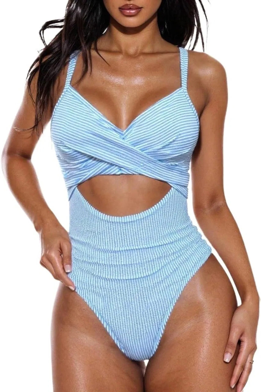 Женский монокини с перекрестными вырезами, Blue and White