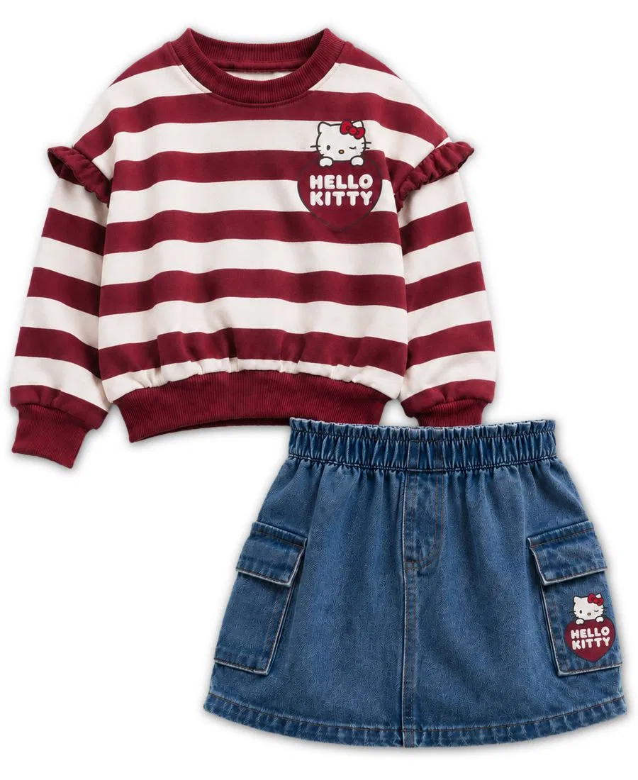 Комплект: свитшот с принтом и джинсовая юбка Hello Kitty, White/Red/Blue