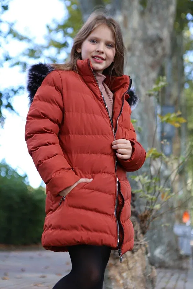 Детское зимнее пальто для девочек с принтом Silver Zippered Plush Hooded Faux Fur Coat Inside Transacoustic, Tile — фото 2