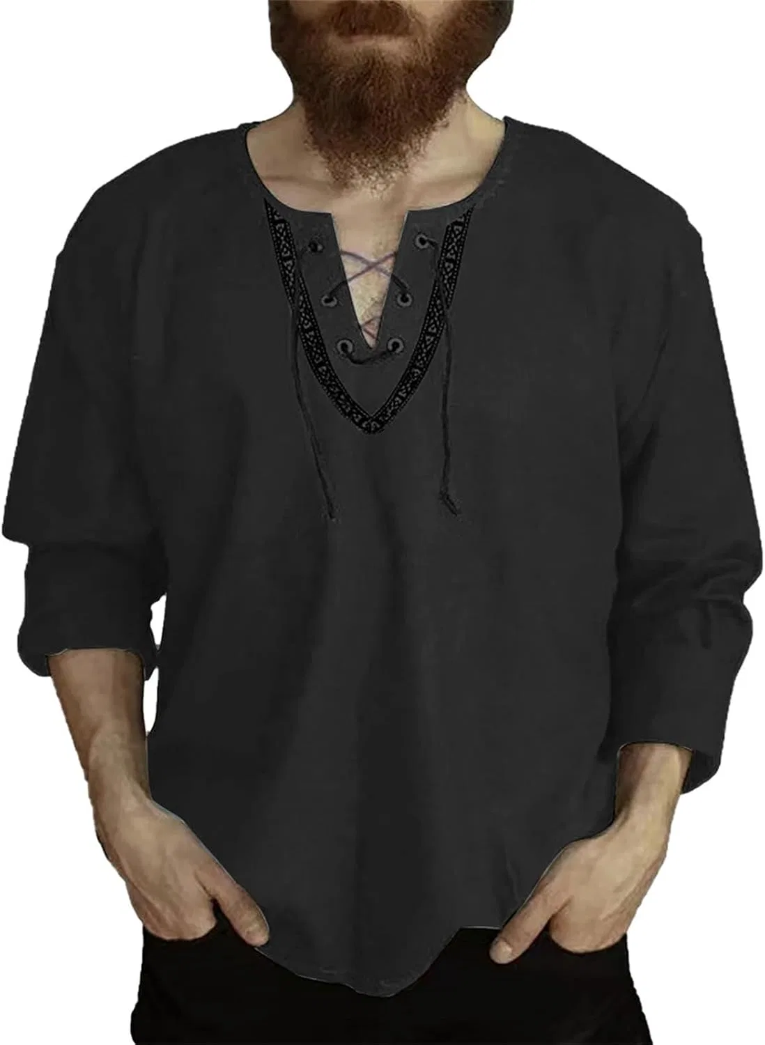 Мужская хлопковая рубашка с кружевной шнуровкой Renaissance Pirate Viking Tunic, Black