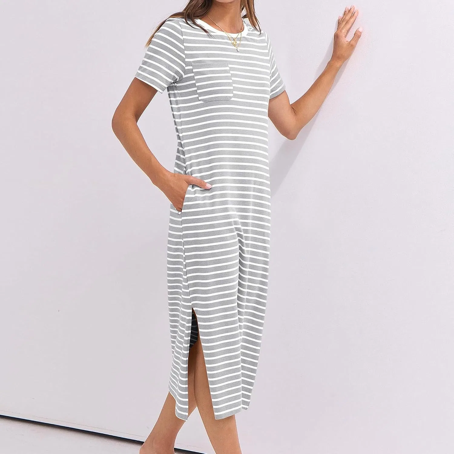 Женское повседневное платье-футболка с разрезом Generic, Grey Stripe — фото 3