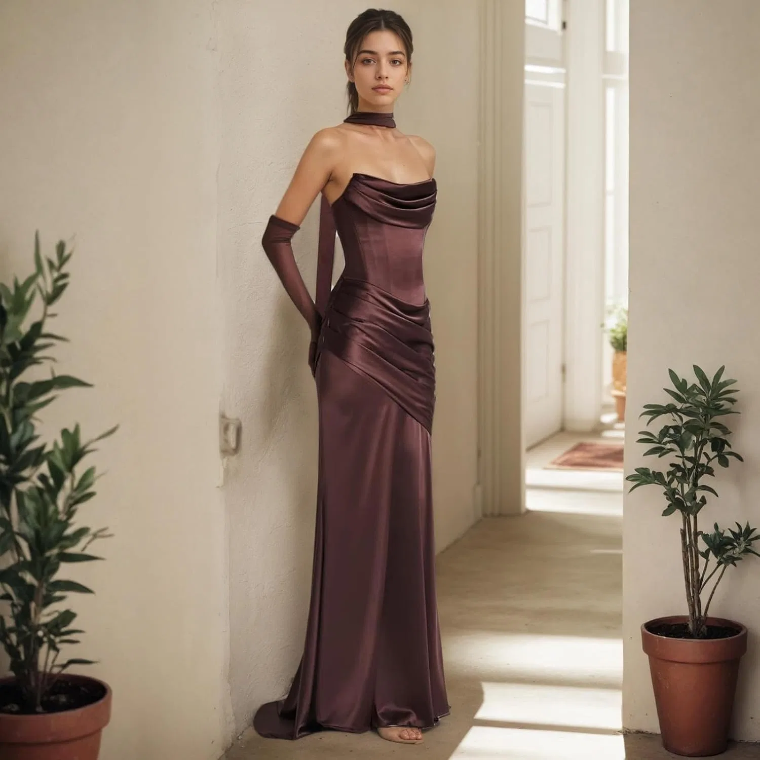 Женское вечернее платье в пол с открытыми плечами Satin, Sage Green — фото 4