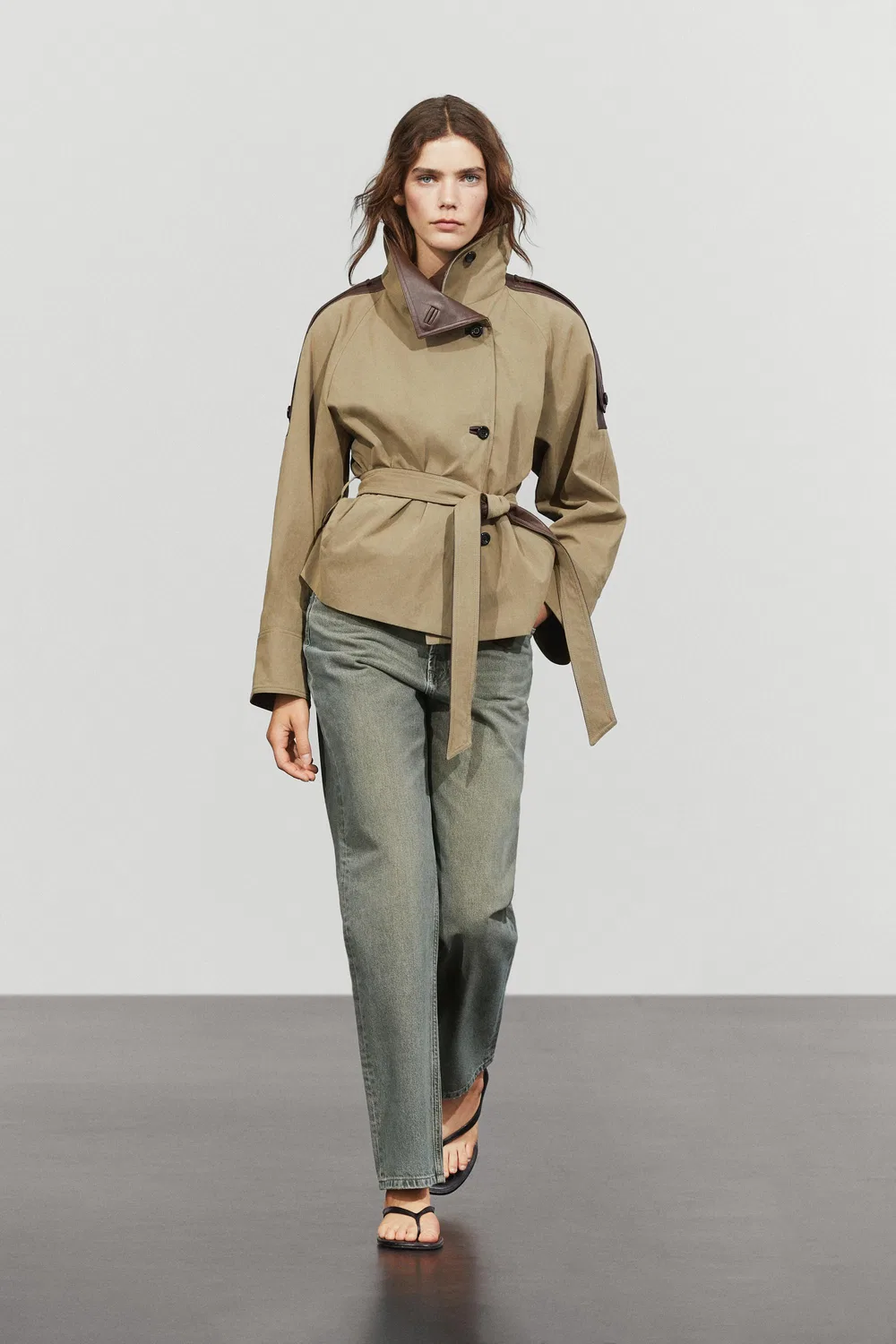 Куртка из комбинированной кожи Massimo Dutti, укороченная куртка, серовато-зеленый