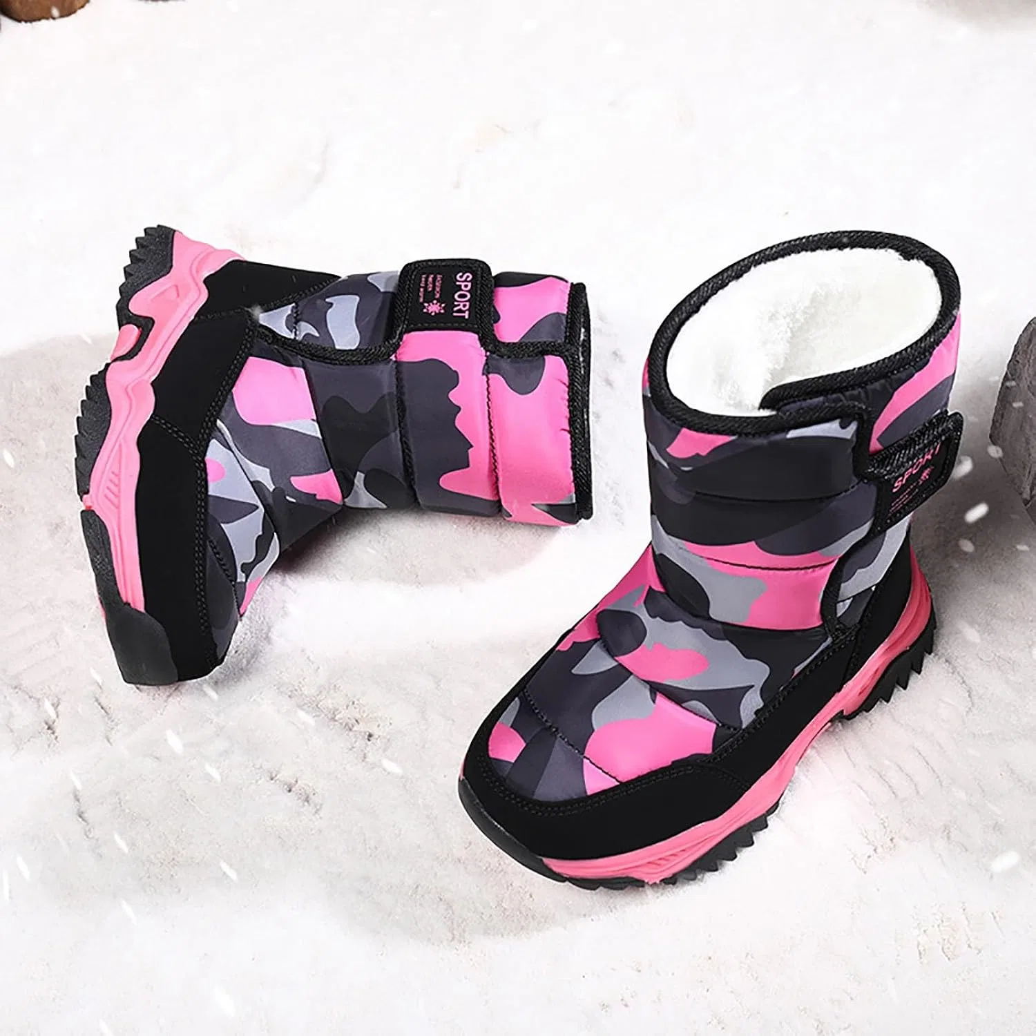 Детские зимние ботинки для мальчиков и девочек с принтом, на флисе, Hot Pink — фото 4