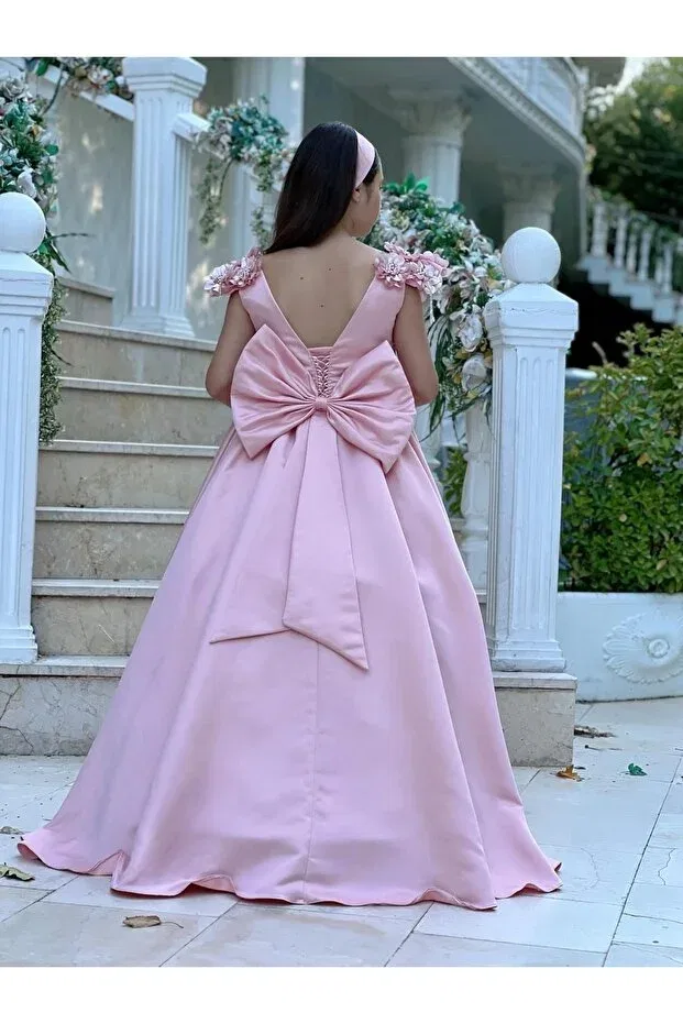 Детское платье для девочек с принтом Satin flower evening dress Sila, Pink — фото 3