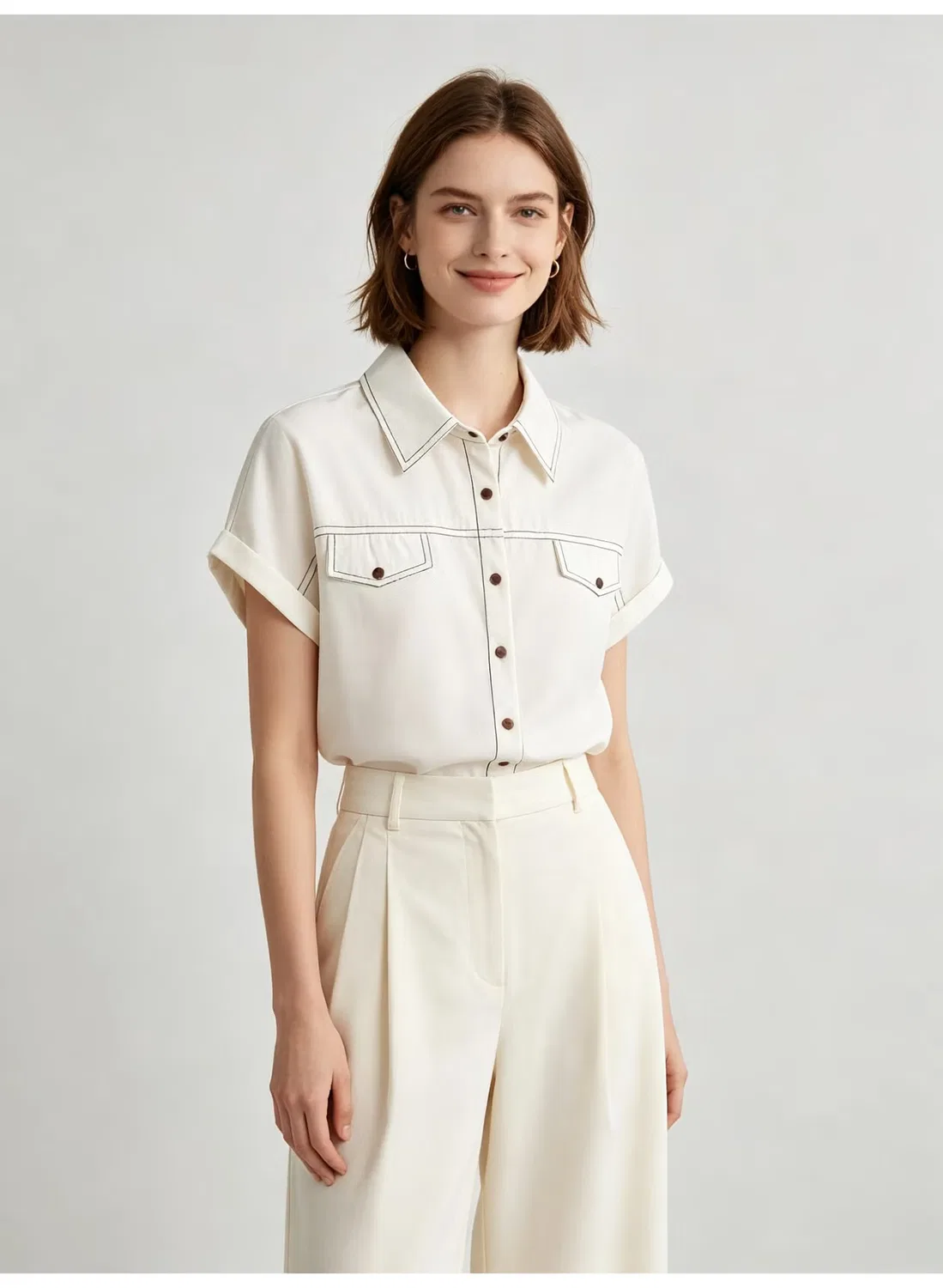 Рубашка с коротким рукавом и контрастной строчкой Zara, белый — фото 2